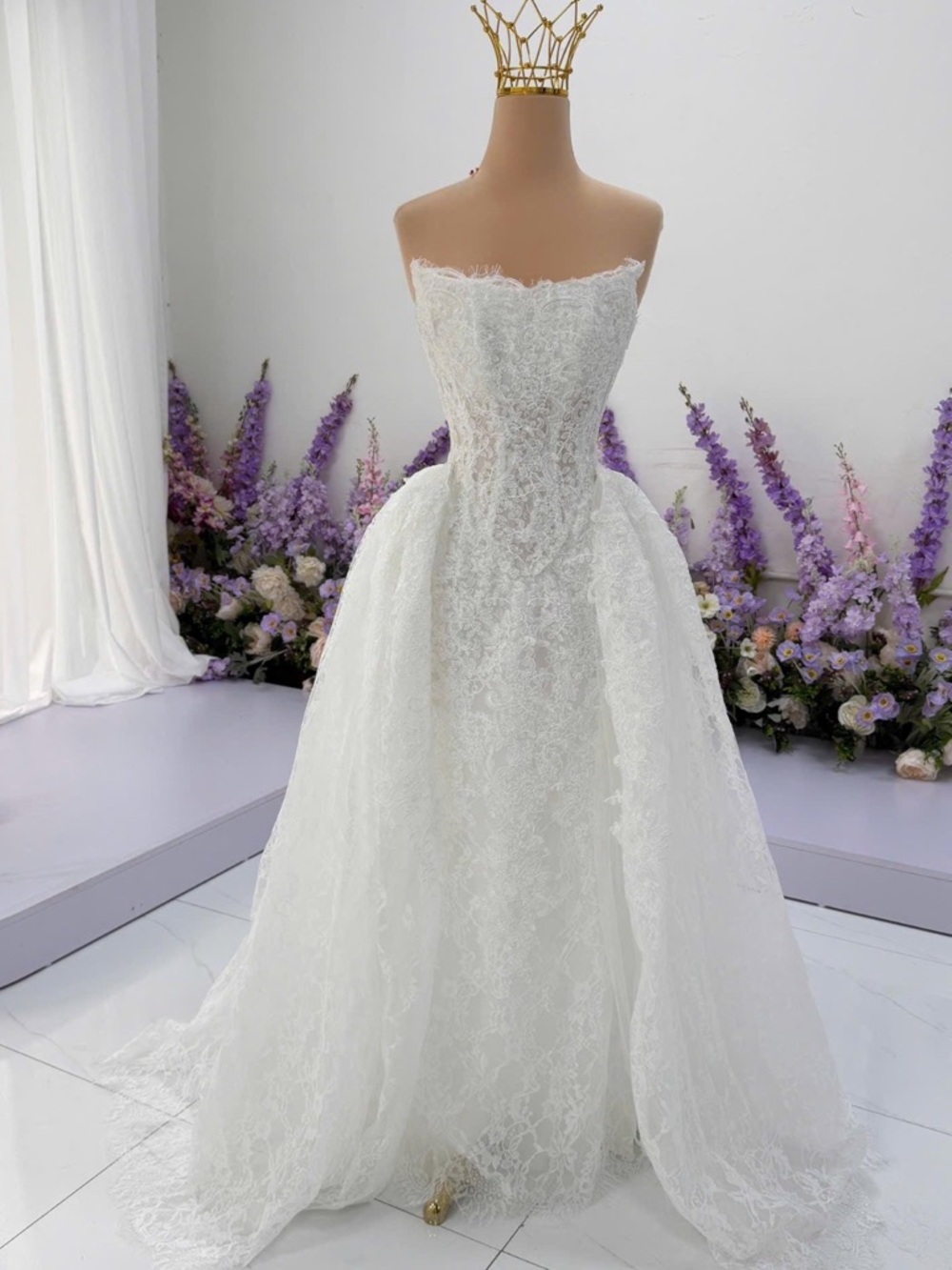 Strapless White Lace Ball Gown Wedding Dress two piece with detachable train